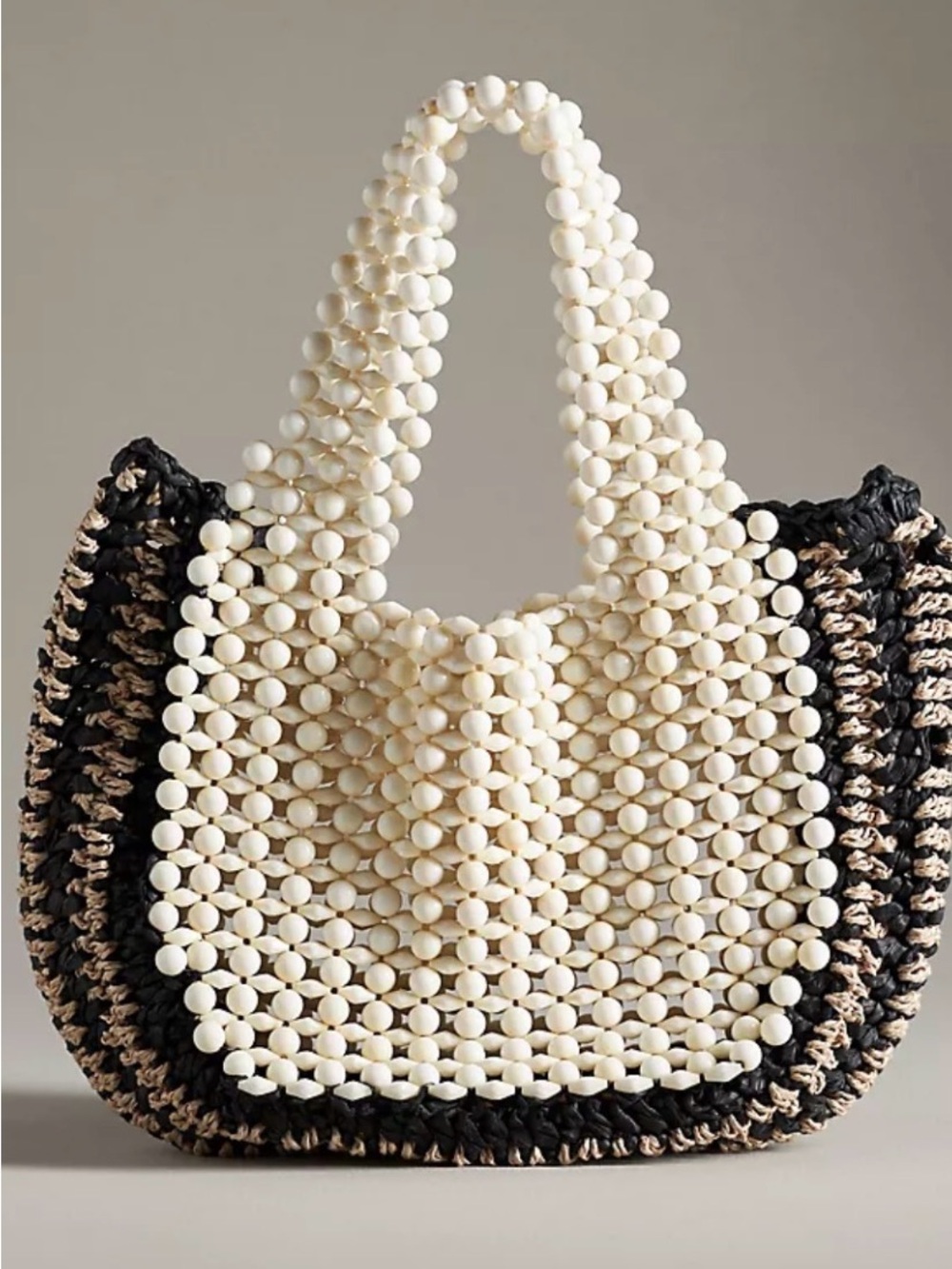 Anthropologie White Beaded & Black-Tan Woven Tote